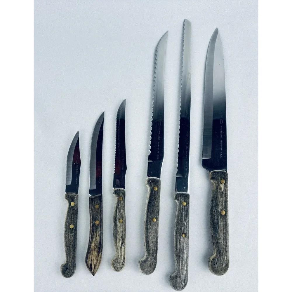 Vintage‎ Ekco Lot Of 6 pc Stainless Vanadium Kitchen Knife Wood Handle USA